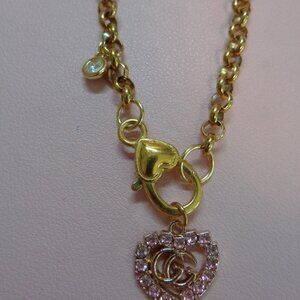 Upcycle/Repurposed GG Pink Crystals Charm💗W/Heart Lobster Clasp Necklace